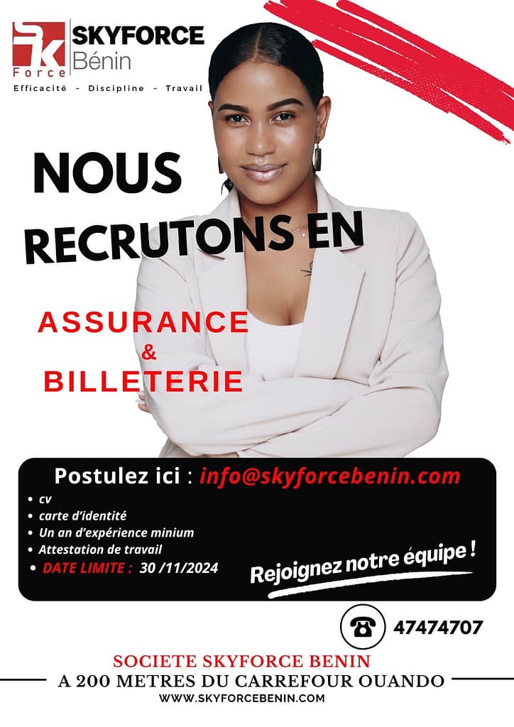 Skyforce Bénin recrute des agents en Assurance Billetterie